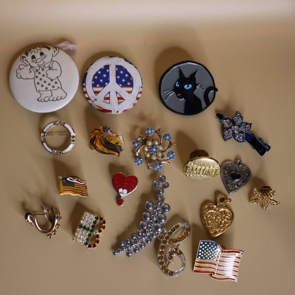 J-368 Lot of 18 Assorted Brooches, Pins, Pendants and Clip